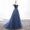 Classy Ocean Blue Evening Dresses  2019 A-Line / Princess Off-The-Shoulder Beading Crystal Sleeveless Backless Sweep Train Formal Dresses