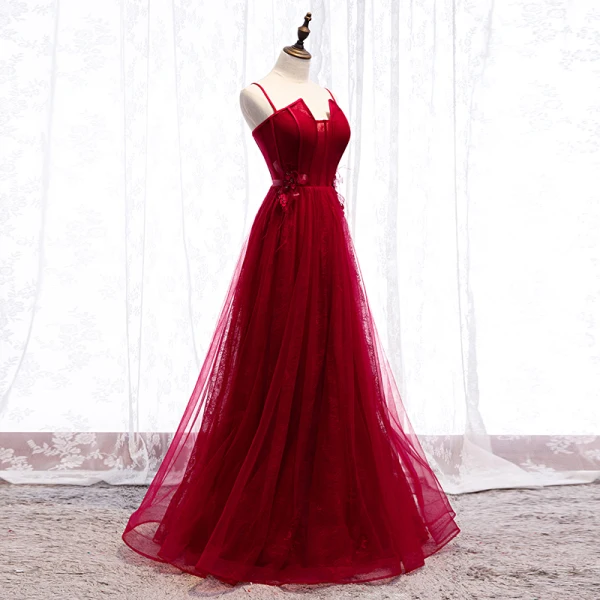 Chic / Beautiful Burgundy Evening Dresses 2019 A-Line / Princess Spaghetti Straps Beading Lace Flower Appliques Sleeveless Backless Floor-Length / Long Formal Dresses