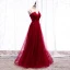 Chic / Beautiful Burgundy Evening Dresses  2019 A-Line / Princess Spaghetti Straps Beading Lace Flower Appliques Sleeveless Backless Floor-Length / Long Formal Dresses