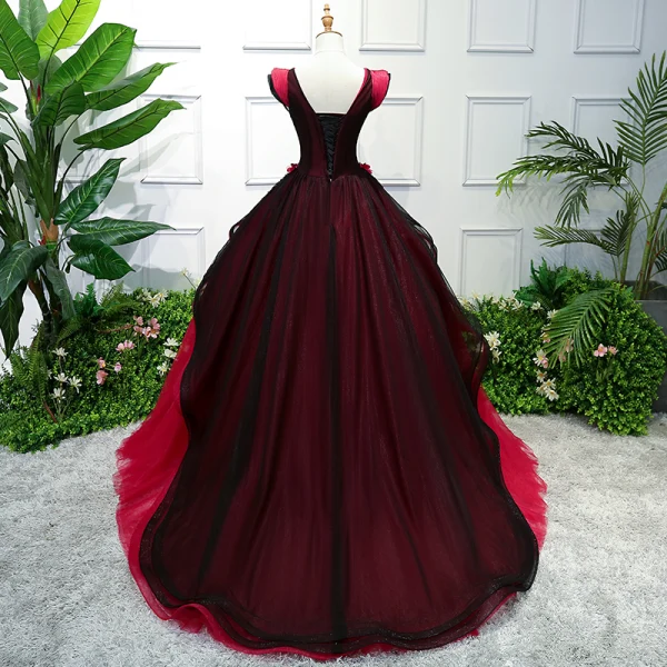 Vintage / Retro Black Red Prom Dresses 2019 Ball Gown V-Neck Lace Flower  Appliques Sleeveless Backless