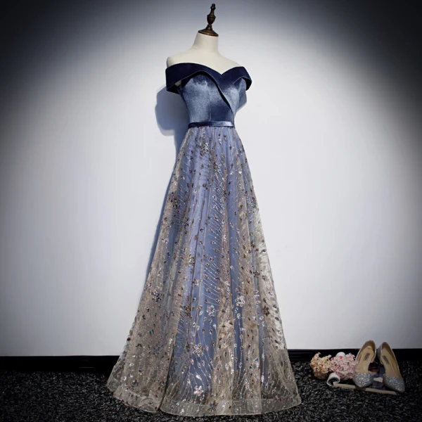 Charmant Marineblau Abendkleider 2019 A Linie Off Shoulder Glanz Tülle Pailletten Ärmellos Rückenfreies Lange Festliche Kleider