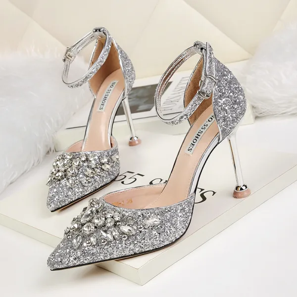 Glitzernden Gold Brautschuhe 2019 Knöchelriemen Strass Pailletten 9 cm Stilettos Spitzschuh Hochzeit High Heels