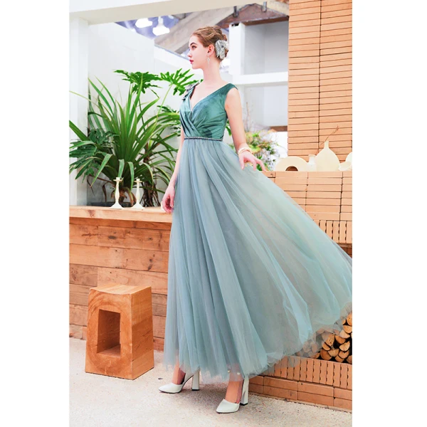 Chic / Beautiful Jade Green Evening Dresses 2019 A-Line / Princess Suede V-Neck Rhinestone Sleeveless Backless Floor-Length / Long Formal Dresses