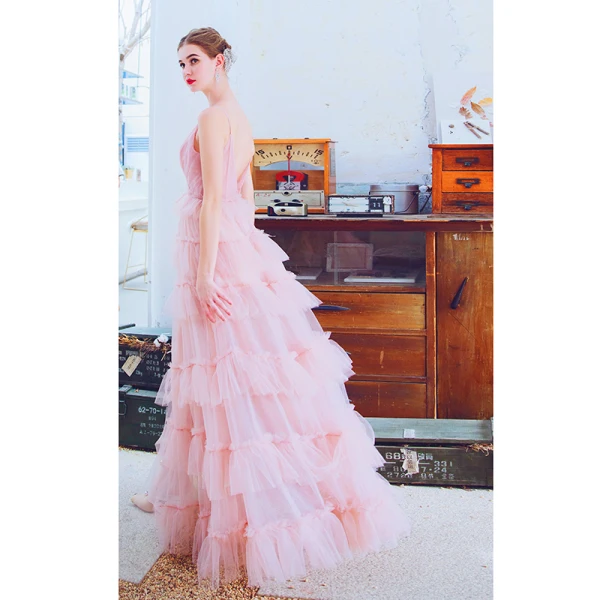 Chic / Belle Rose Bonbon Robe De Soirée 2019 Princesse Bretelles Spaghetti Sans Manches Dos Nu Volants en Cascade Longue Robe De Ceremonie