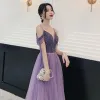 Charming Purple Prom Dresses 2021 A-Line / Princess Spaghetti Straps Beading Crystal Tassel Sleeveless Backless Floor-Length / Long Formal Dresses