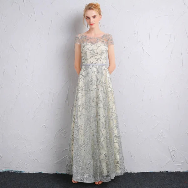 Chic / Beautiful Grey Bridesmaid Dresses 2018 A-Line / Princess Sash Glitter Scoop Neck Backless Short Sleeve Floor-Length / Long Wedding Party Dresses