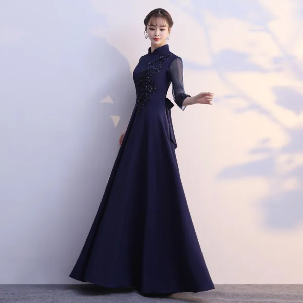 Classy Burgundy Evening Dresses 2019 A-Line / Princess High Neck Bow Lace Flower 1/2 Sleeves Floor-Length / Long Formal Dresses
