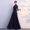 Classy Burgundy Evening Dresses  2019 A-Line / Princess High Neck Bow Lace Flower 1/2 Sleeves Floor-Length / Long Formal Dresses