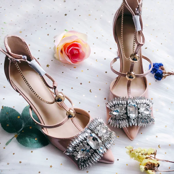 Modern / Fashion Nude Evening Party Womens Shoes 2019 Leather Rhinestone T-Strap 8 cm Stiletto Heels Pointed Toe High Heels