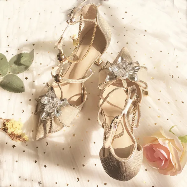 Charming Champagne Evening Party Womens Shoes 2019 Leather Rhinestone T-Strap 8 cm Stiletto Heels Pointed Toe High Heels