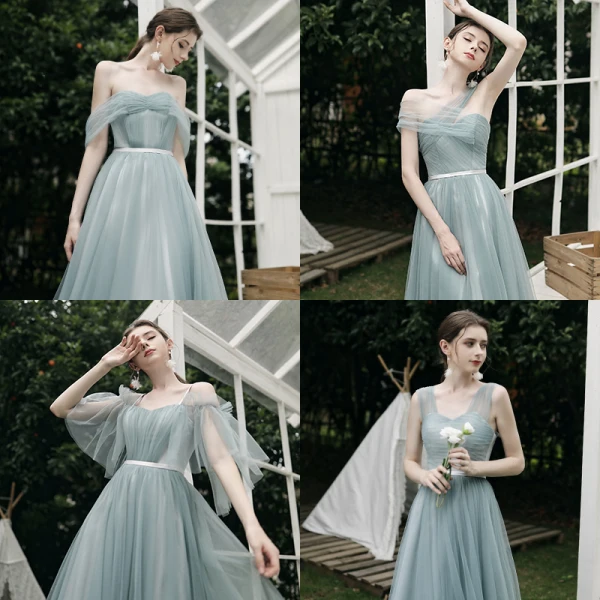 Modest / Simple Mint Green Bridesmaid Dresses 2021 A-Line / Princess Off-The-Shoulder Short Sleeve Backless Floor-Length / Long Wedding Party Dresses