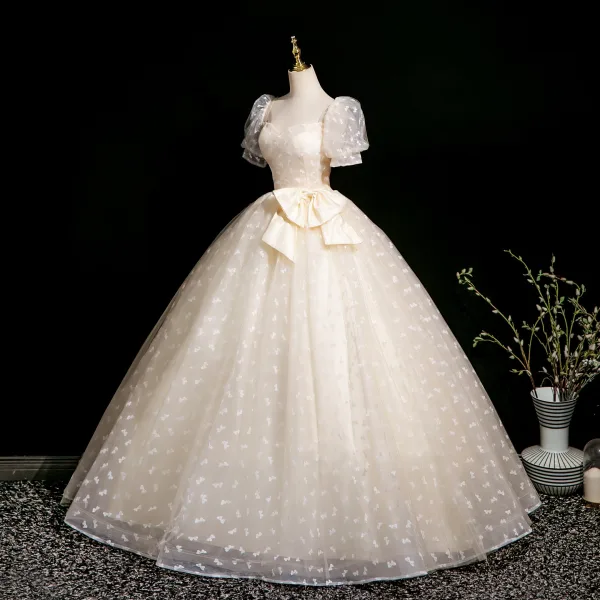 Elegant Champagne Printing Prom Dresses 2025 Ball Gown Square Neckline Bow Puffy Short Sleeve Backless Floor-Length / Long Prom Formal Dresses