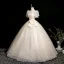Elegant Champagne Printing Prom Dresses 2025 Ball Gown Square Neckline Bow Puffy Short Sleeve Backless Floor-Length / Long Prom Formal Dresses