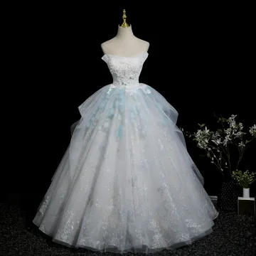 Chic Beautiful Sky Blue Glitter Lace Flower Appliques Prom Dresses 2025 Ball Gown Strapless Sleeveless Backless Floor Length Long Formal Dresses