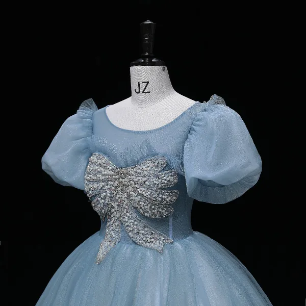 Chic / Beautiful Pool Blue Prom Dresses 2022 Ball Gown Scoop Neck Beading Puffy Short Sleeve Backless Floor-Length / Long Formal Dresses