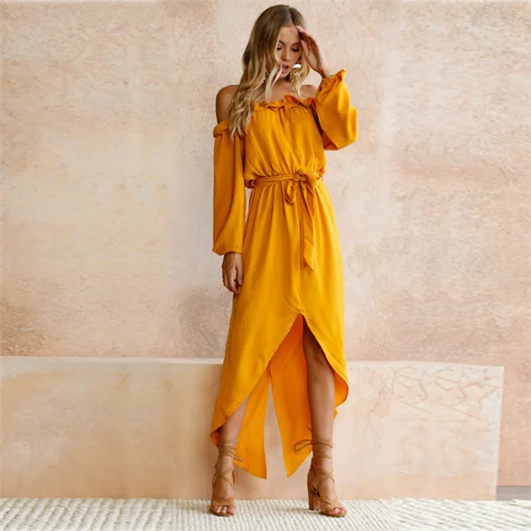 Chic / Beautiful Yellow Casual Summer Maxi Dresses 2018 Sash Asymmetrical Split Front Off-The-Shoulder Long Sleeve Womens Clothing