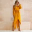 Chic / Beautiful Yellow Casual Summer Maxi Dresses 2018 Sash Asymmetrical Split Front Off-The-Shoulder Long Sleeve Womens Clothing