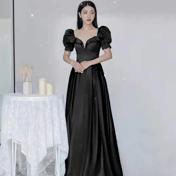 Elegant Sky Blue Satin Prom Dresses 2021 A-Line / Princess Ruffle Square Neckline Short Sleeve Backless Floor-Length / Long Prom Formal Dresses