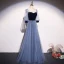Elegant Ocean Blue Suede Pearl Prom Dresses 2021 A-Line / Princess Square Neckline 1/2 Sleeves Backless Floor-Length / Long Prom Formal Dresses