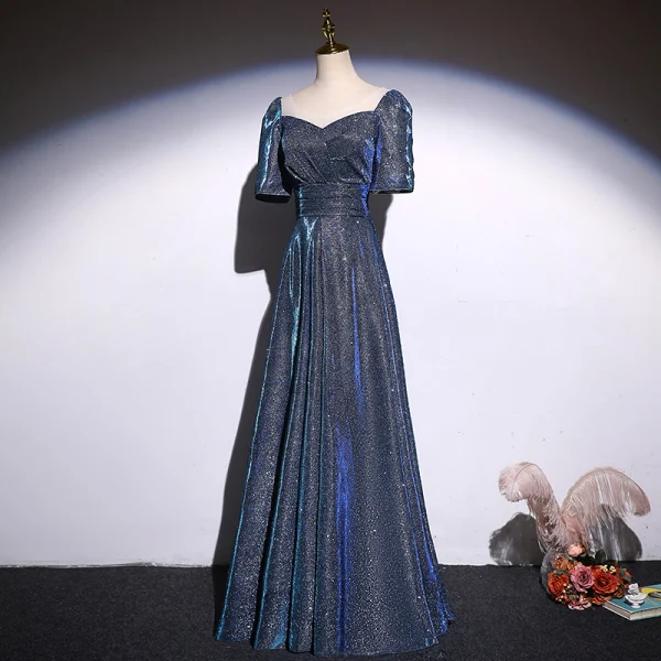 Scintillantes Océan Bleu Glitter Robe De Bal 2021 Princesse Encolure Carrée Manches Courtes Dos Nu Longue Promo Robe De Ceremonie