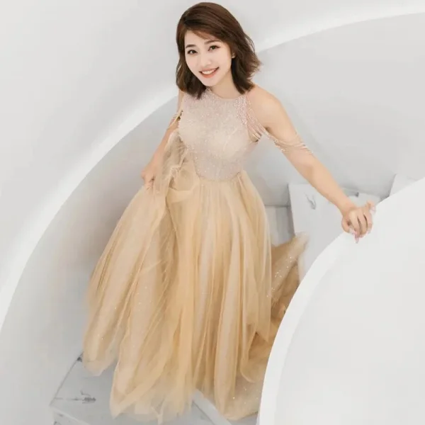 Charming Champagne Prom Dresses A-Line / Princess 2021 Halter Beading Tassel Sleeveless Backless Floor-Length / Long Prom Formal Dresses