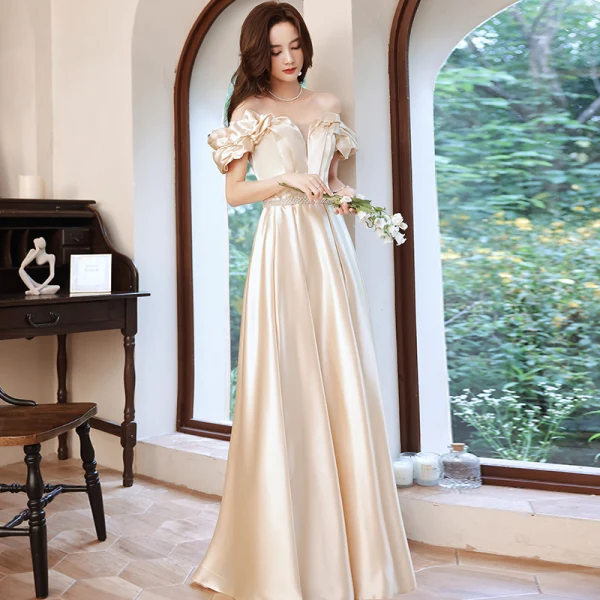 Fashion Champagne Satin Prom Dresses 2021 A-Line / Princess Ruffle Off-The-Shoulder Pearl Sash Short Sleeve Backless Floor-Length / Long Prom Formal Dresses