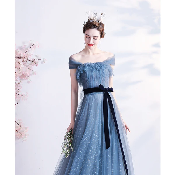 Chic / Beautiful Pool Blue Glitter Prom Dresses 2021 A-Line / Princess Off-The-Shoulder Short Sleeve Backless Bow Floor-Length / Long Prom Formal Dresses