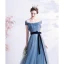 Chic / Beautiful Pool Blue Glitter Prom Dresses 2021 A-Line / Princess Off-The-Shoulder Short Sleeve Backless Bow Floor-Length / Long Prom Formal Dresses