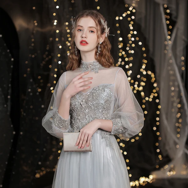 Elegant Grey Beading Evening Dresses Prom Dresses 2021 A-Line / Princess High Neck Appliques Lace Flower Pearl 3/4 Sleeve Backless Floor-Length / Long Prom Formal Dresses
