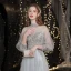 Elegant Grey Beading Evening Dresses  Prom Dresses 2021 A-Line / Princess High Neck Appliques Lace Flower Pearl 3/4 Sleeve Backless Floor-Length / Long Prom Formal Dresses