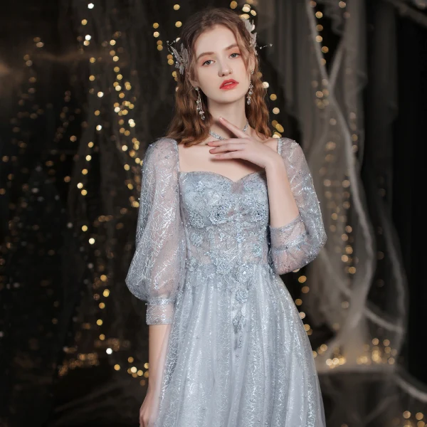 Glitzernden Silber Perlenstickerei Pailletten Strass Abendkleider Ballkleider 2021 A Linie Eckiger Ausschnitt Spitze Blumen 3/4 Ärmel Rückenfreies Lange Abend Ball Festliche Kleider