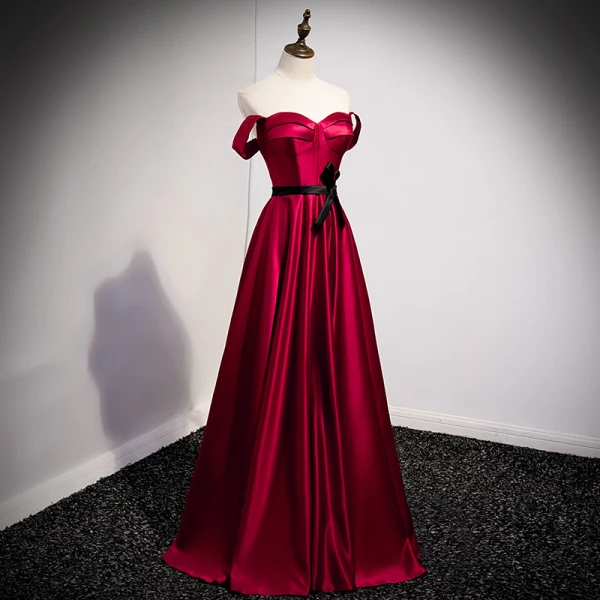 Vintage / Retro Burgundy Satin Prom Dresses 2021 A-Line / Princess Strapless Bow Sleeveless Backless Floor-Length / Long Prom Formal Dresses
