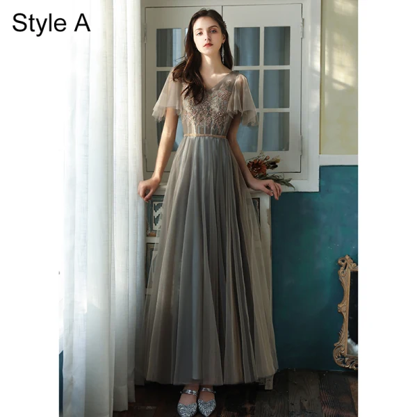 Chic / Belle Gris Robe Demoiselle D'honneur 2021 Princesse Manches Courtes Dos Nu Perlage Perle En Dentelle Fleur Paillettes Longue Demoiselle D'honneur Robe Pour Mariage