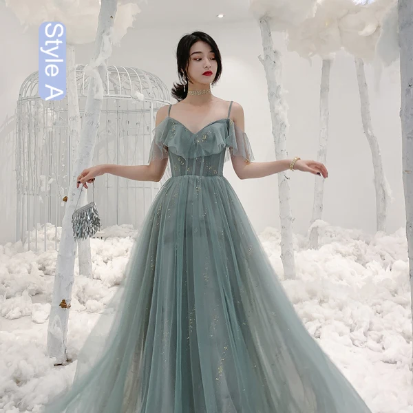 Chic / Beautiful Green Sequins Bridesmaid Dresses 2021 A-Line / Princess Spaghetti Straps Short Sleeve Backless Floor-Length / Long Bridesmaid Wedding Party Dresses