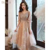 Charming Champagne Beading Sequins Homecoming Graduation Dresses Prom Dresses 2021 A-Line / Princess V-Neck Star Lace 1/2 Sleeves Floor-Length / Long Formal Dresses