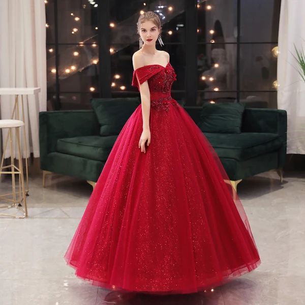 Chic / Belle Bordeaux Faux Diamant Paillettes Robe De Bal 2021 Robe Boule De l'épaule Appliques Manches Courtes Dos Nu Longue Promo Robe De Ceremonie