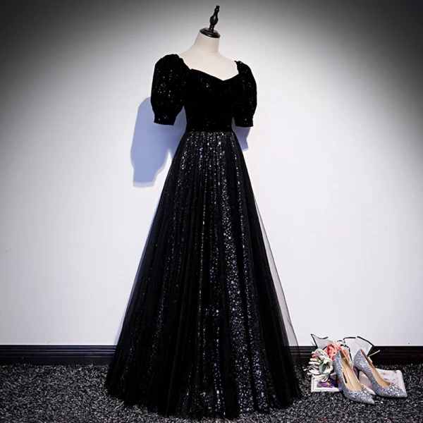 Bling Bling Sternenklarer Himmel Schwarz Star Pailletten Ballkleider 2021 A Linie Eckiger Ausschnitt Kurze Ärmel Rückenfreies Lange Ball Festliche Kleider