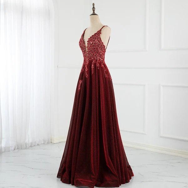 Scintillantes Charmant Bordeaux Robe De Bal Robe De Soirée 2021 Princesse Bretelles Spaghetti Perlage Paillettes Sans Manches Dos Nu Longue Promo Robe De Ceremonie