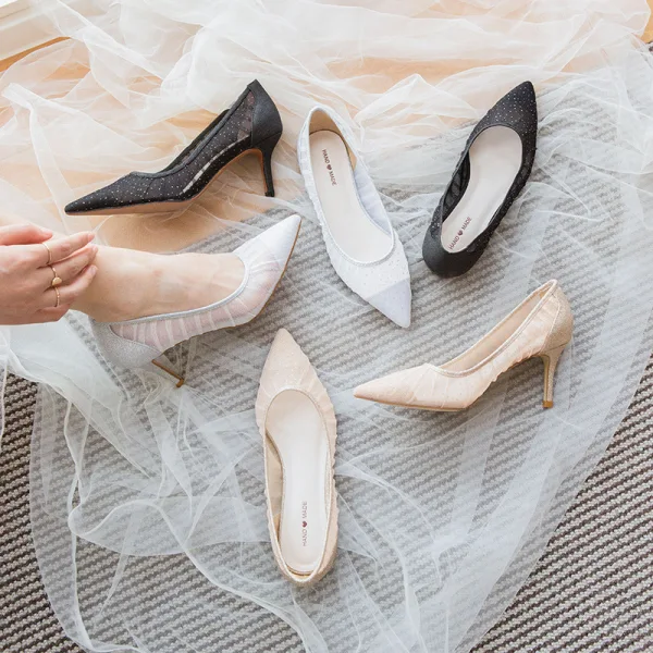 Charming Silver Lace Sequins Wedding Shoes 2021 6 cm Stiletto Heels Pointed Toe Wedding Pumps High Heels