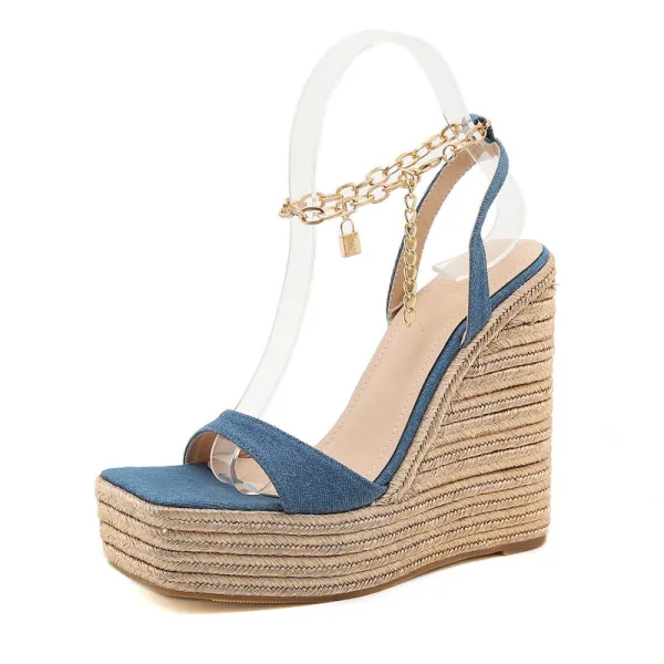 Mode Meeresblau Strassenmode Flechten Sandalen Damen 2021 Knöchelriemen 15 cm Keilabsatz Plateau Peeptoes Sandaletten