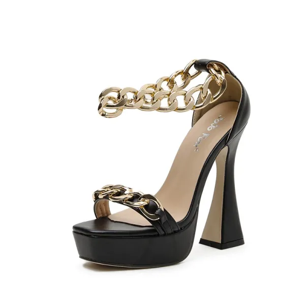 Sexy Gold Street Wear Womens Sandals 2021 Waterproof Metal Ankle Strap 13 cm Stiletto Heels Open / Peep Toe Sandals High Heels