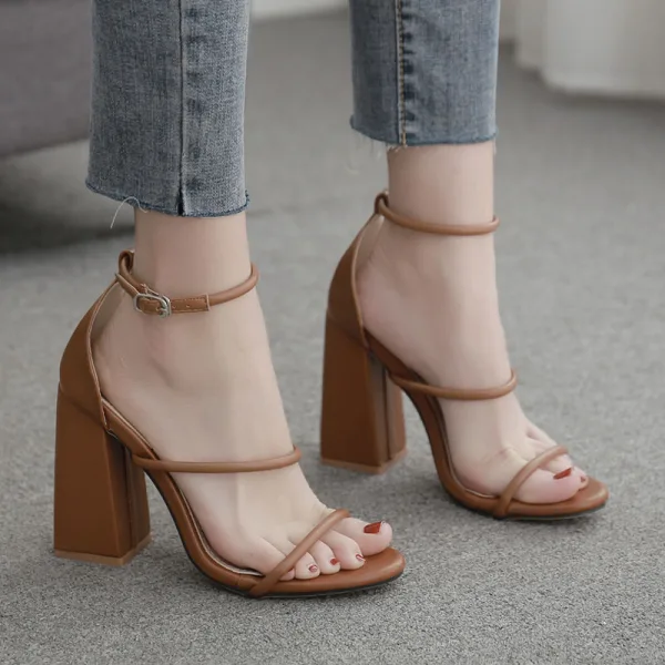 Chic / Beautiful Brown Street Wear Womens Sandals 2021 Ankle Strap 11 cm Thick Heels Open / Peep Toe Sandals High Heels
