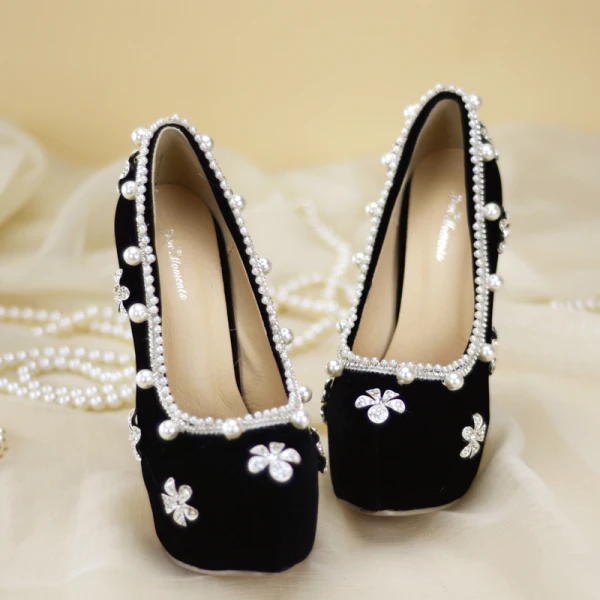 Charming Black Pearl Rhinestone Wedding Shoes 2021 14 cm Stiletto Heels Round Toe Wedding Pumps High Heels