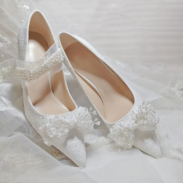 Charmant Ivoire Chaussure De Mariée 2021 Cuir Perle Faux Diamant Noeud 10 cm Talons Aiguilles À Bout Pointu Mariage Escarpins Talons Hauts