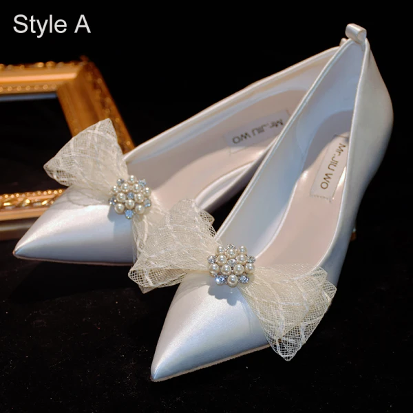 Elegant Ivory Pearl Bow Wedding Shoes 2021 Leather 8 cm Stiletto Heels Pointed Toe Wedding Pumps High Heels