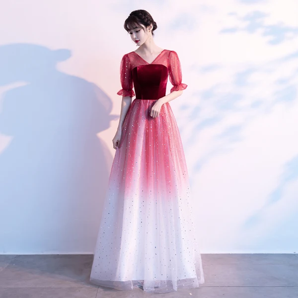Elegant Burgundy Suede Prom Dresses 2021 A-Line / Princess V-Neck Star Sequins 1/2 Sleeves Backless Floor-Length / Long Prom Formal Dresses