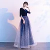 Vintage / Retro Ocean Blue Suede Prom Dresses 2021 A-Line / Princess V-Neck Star Sequins 1/2 Sleeves Floor-Length / Long Prom Formal Dresses