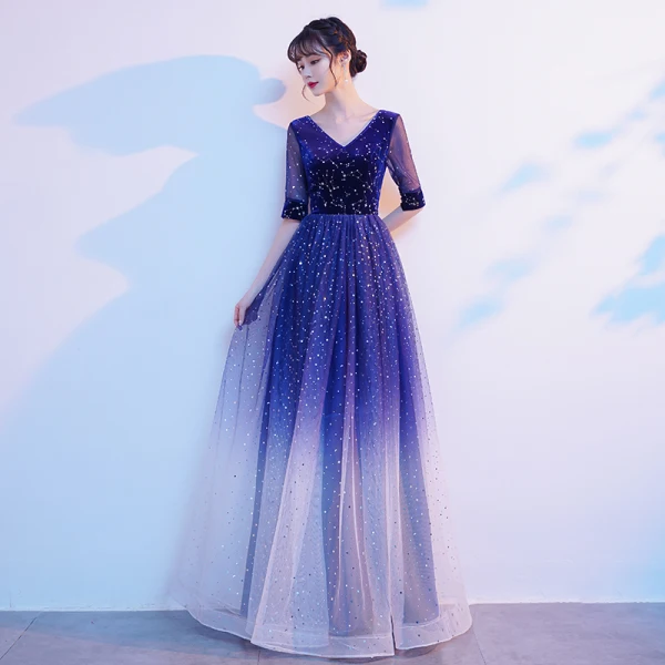 Sparkly Royal Blue Suede Star Sequins Prom Dresses 2021 A-Line / Princess V-Neck 1/2 Sleeves Floor-Length / Long Prom Formal Dresses