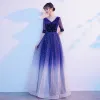 Sparkly Royal Blue Suede Star Sequins Prom Dresses 2021 A-Line / Princess V-Neck 1/2 Sleeves Floor-Length / Long Prom Formal Dresses