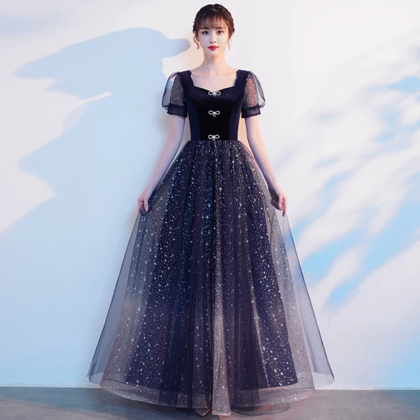 Bling Bling Bleu Roi Étoile Paillettes Faux Diamant Noeud Robe De Bal 2021 Princesse Encolure Carrée Manches Courtes Dos Nu Longue Promo Robe De Ceremonie